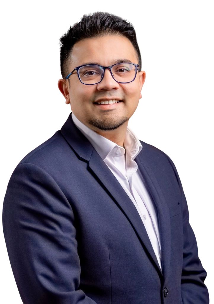 Dr Arul Suthananthan, HPB and liver transplant surgeon in Perth, wearing a navy suit and glasses